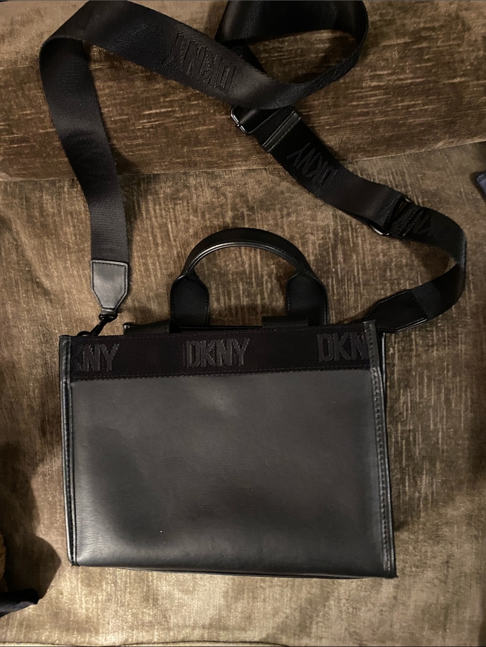 DKNY Black Leather Messenger Bag with Logo Webbing